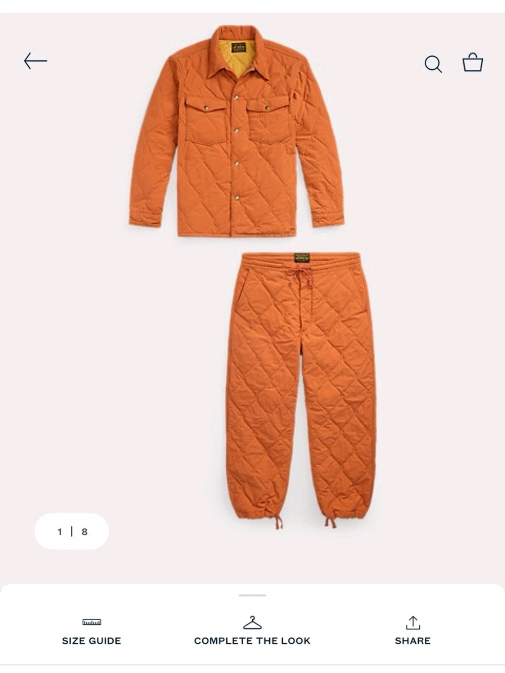 Ralph Lauren Double RL LIMITED EDITION Orange Quilted 2 Piece Set RRL (Large)